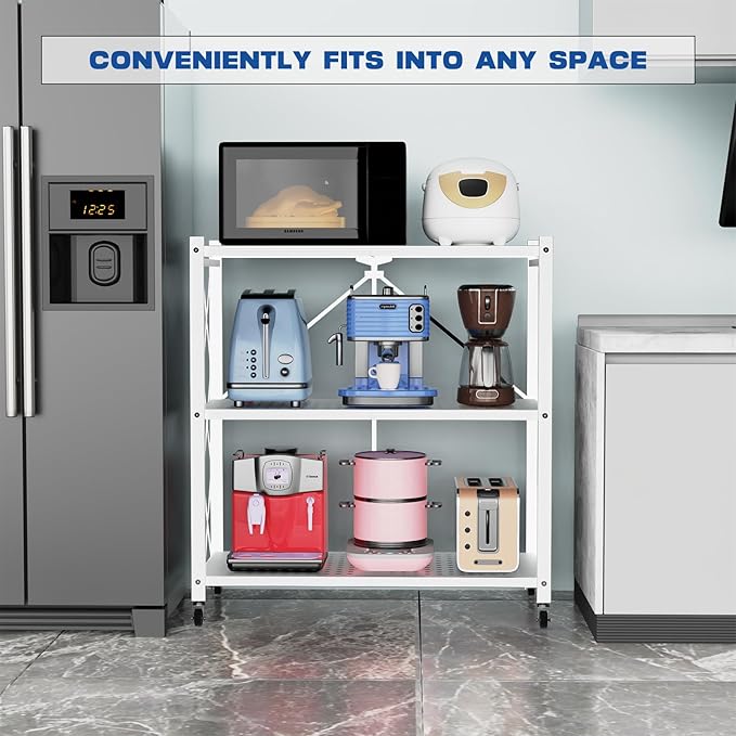 3-Tier Foldable Storage Shelf with Wheels - Metal Rack Collapsible Shelving Unit Display, Rolling Cart for Books Kitchen Storage Shelves, Pantry & Closet Organizer, Office Room Decor