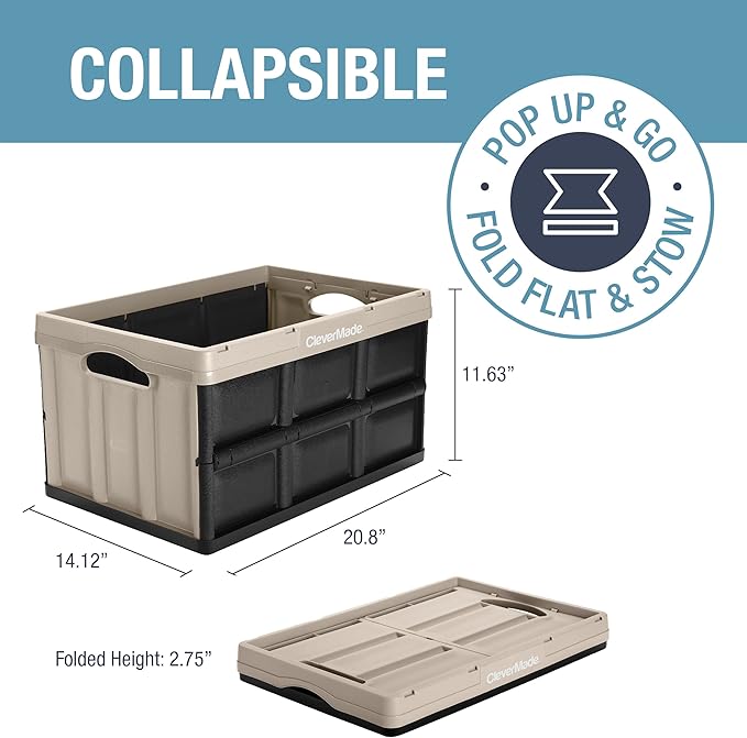 CleverMade Collapsible Storage Bins - Tan 3 Pack 46L - Stackable Containers Heavy Duty Capacity Folding Crates - Space-Saving for Home