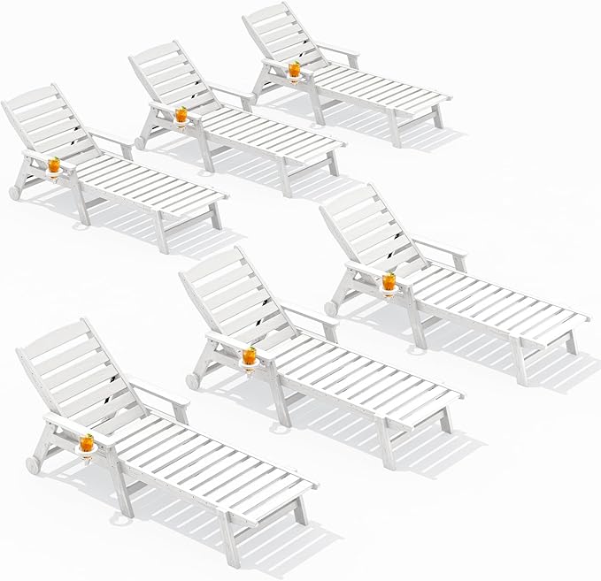 SERWALL Patio Chaise Lounge Chair Set of 6, 5 Positions Adjustable Poly Outdoor Lounge Chair for Pool, HDPE Lounge Chair with Rolling Wheels & Cup Holder for Poolside, Deck, White