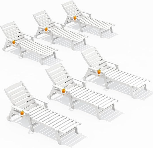 SERWALL Patio Chaise Lounge Chair Set of 6, 5 Positions Adjustable Poly Outdoor Lounge Chair for Pool, HDPE Lounge Chair with Rolling Wheels & Cup Holder for Poolside, Deck, White