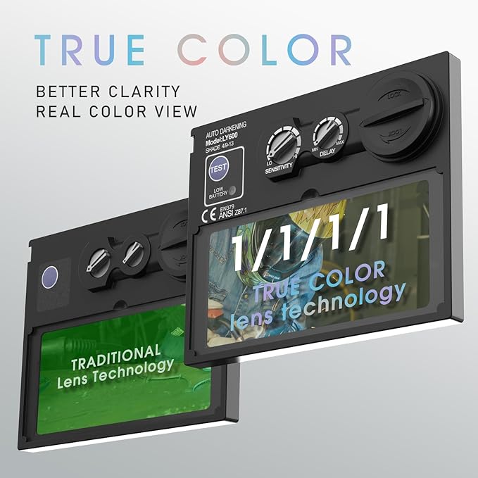 YESWELDER Auto Darkening Welding Helmet, Blue Light Blocking, 1/1/1/1 True Color Solar Powered Welding Hood with 2 Arc Sensors, Wide Shade 3.5/9-13 Welder Mask for TIG MIG ARC and Grind