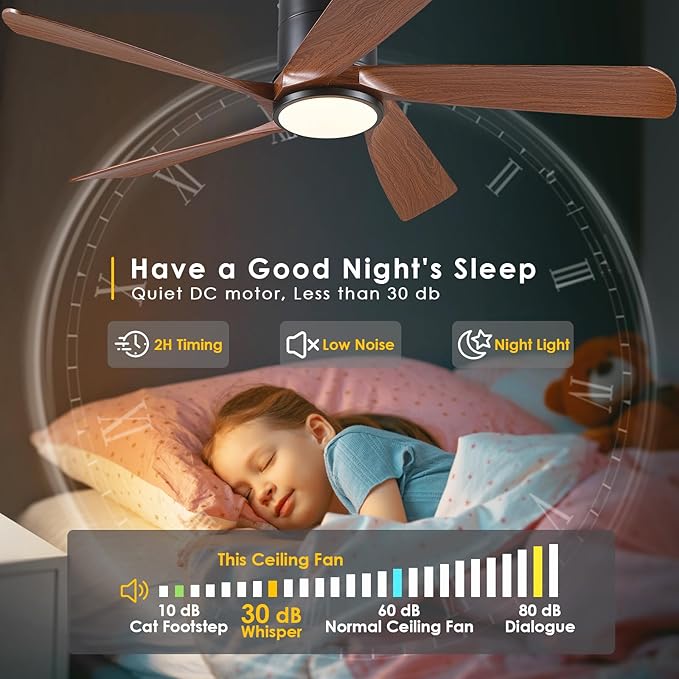 Flush Mount Ceiling Fans with Lights Low Profile - 54" Modern Ceiling Fan, 5 Blades, Reversible and Dimmable LED Light, Indoor Ceiling Fan Light for Bedroom, Covered Outdoor, Brown