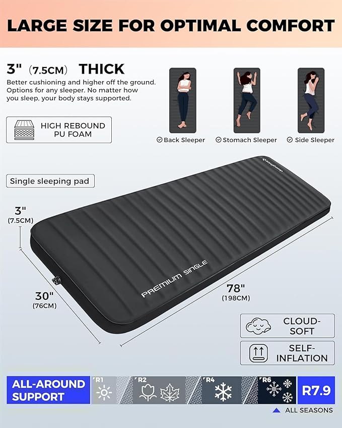 KingCamp Self Inflating Sleeping Pad, R 7.9 Air & Foam Sleeping Pad for Camping All Seasons, 3" Thick Single Camping Mattress for Camp Tent Outdoor Car, PVC Free (Black)