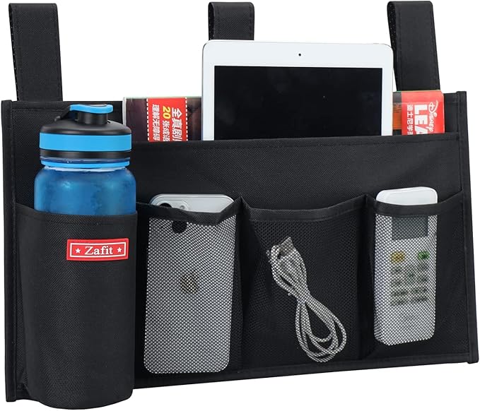 Hanging Bedside Caddy, Bedside Storage Organizer for Magazine, Phone, Remote control (5 Pockets-Black)