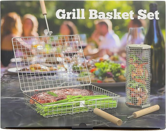 Grill Basket Set (Rectangular+Hexagon), Removable Wooden Handle, 304 Stainless Steel, Rolling Grilling Net, BBQ Accessories Tools for Vegetables Shrimp, Outdoor Cooking Camping, Birthday Gifts for Men Dad Husband