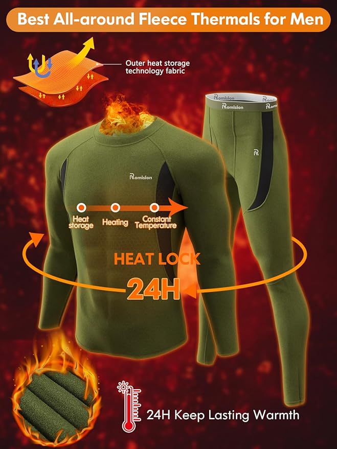 romision Thermal Underwear for Men Long Johns Fleece Lined Hunting Gear Bottom Top Set Base Layer for Cold Weather Gift