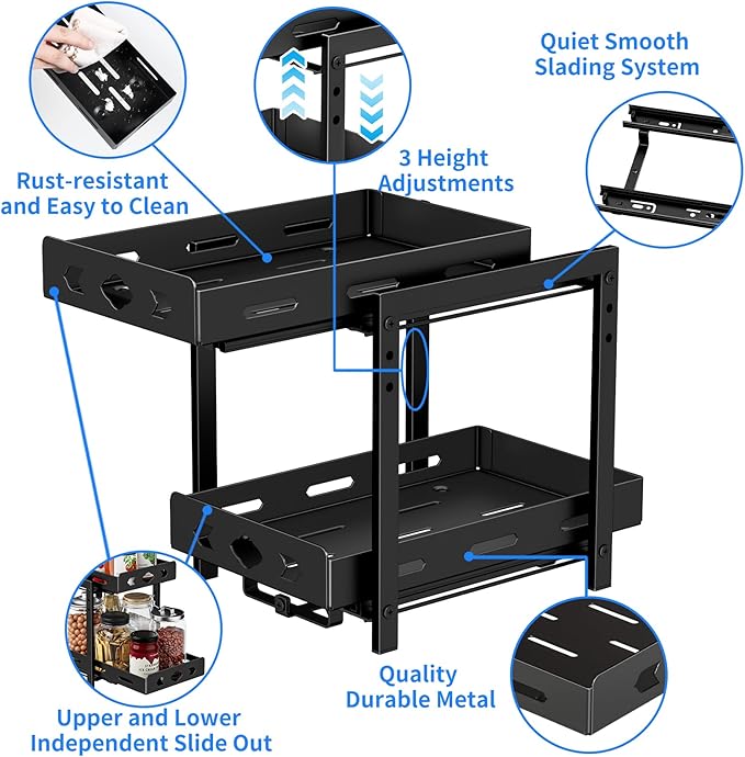 Pull Out Spice Racks for Inside Cabinets, 2-Tier Cabinet Spice Rack Organizer, Height Adjustable Vertical Spice Rack for Kitchen Cabinet (7.5''Wx10.8''Dx9.2''H, Metal Black)