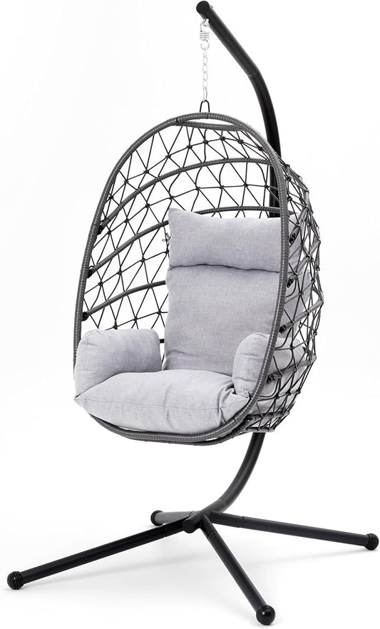 RoyalCraft Hanging Egg Chair Outdoor Swing Chair with Stand, Hammock Chair Indoor, Patio Boho Wicker Hanging Chair with Stand 350lbs Capacity for Garden, Balcony, Bedroom, Black & Gray