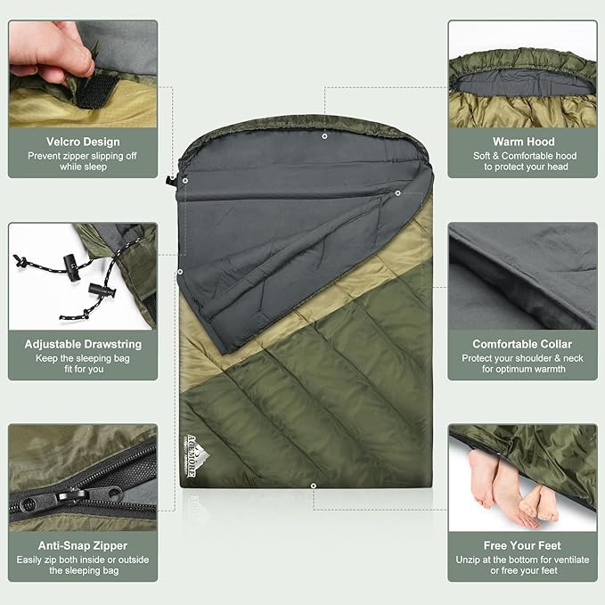 AGEMORE Sleeping Bag for Adults, Single and Double Size, Lightweight Waterproof XXL Sleeping Bag for Adults Kids Couples Camping Hiking Backpacking Or Traveling, Warm & Cold Weather