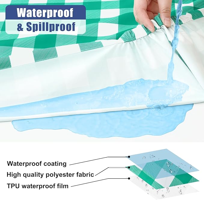 Smiry Picnic Table Cover with Bench Covers, Waterproof Elastic Fitted Tablecloths for 8 Foot Rectangle Tables, Washable Buffalo Plaid Tablecloth for Camping, Outdoor (Green & White, 30"x96")