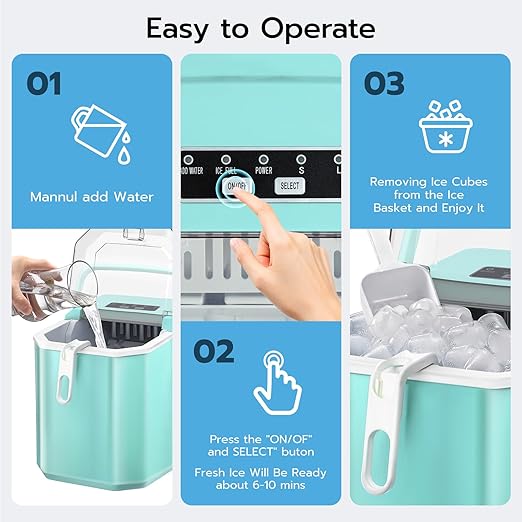 ZAFRO Countertop Ice Maker, 26.5Lbs/24H, 9 Bullet Cubes in 6 Mins, Self-Cleaning Portable Ice Machine with 2 Ice Sizes (S/L), Quiet Compact Design, Double Handles, for Home, Party, RV, Camping, Green