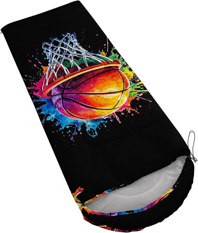 AILONEN Blue Glowing Basketball Sleeping Bag for Kids Boys,Warm and Cool Weather,Lightweight,Waterproof Backpacking,City Theme Ball Sports Sleeping Bag for Camping