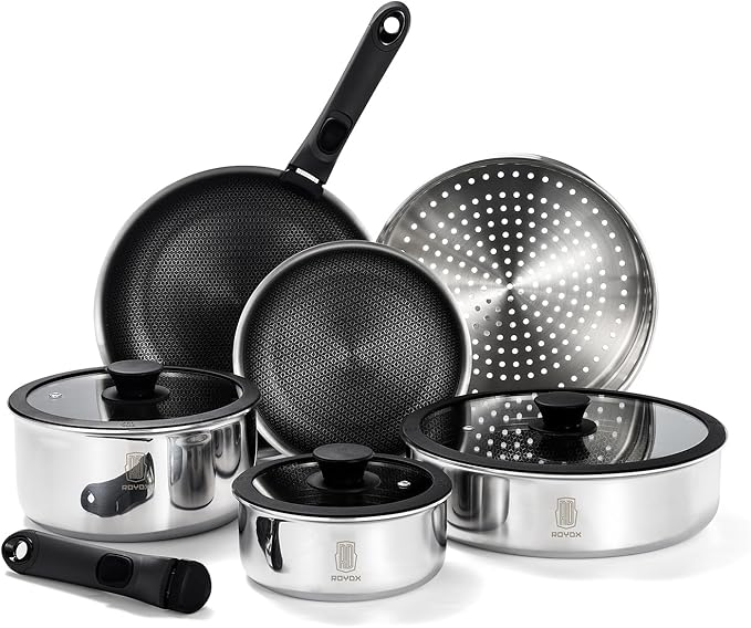 ROYDX New Model Hybrid Nonstick Cookware Set 19-Piece Stainless Steel Pots and Pans Set with Removable Handles, Save Space,Dishwasher and Oven Safe, Induction Ready, Compatible with All Cooktops