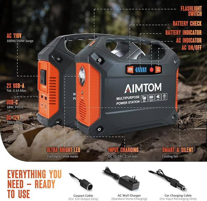 AIMTOM 155Wh Portable Power Station, 42000mAh Lithium Backup Battery with Flashlight, Solar Charging Option – 150W Peak (100W AC), 12V DC, USB & USB-C for Camping, Home, RV, Travel & Digital Nomads