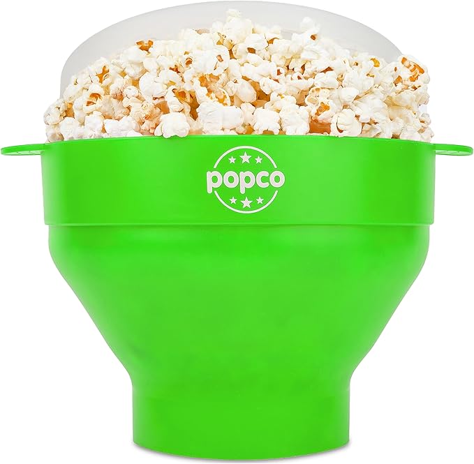 POPCO Silicone Popcorn Popper - Collapsible Microwave Popcorn Maker - Air Popper Pop Corn Bowl with Handles and Lid - Dishwasher Safe - Large 15 Cup Capacity - (Green)