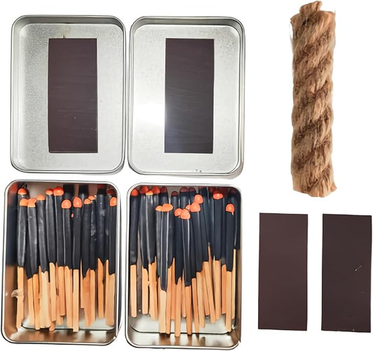Survival Waterproof Matches Kit – 20/40/60 Fire Matches + Extra Striker in Metal Tin, Waxed Tinder Cords – Stormproof Windproof Fire Starter for Camping & Emergency (2 x Tins + Thick Rope)