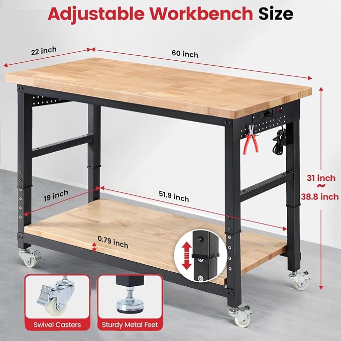 Workbench for Garage with Wheels 60 x 22 Inch Heavy Duty Rubberwood Tabletop Work Table with Under Table Shelf, Pegboard, Power Outlets for Woodworking Shop Home Office