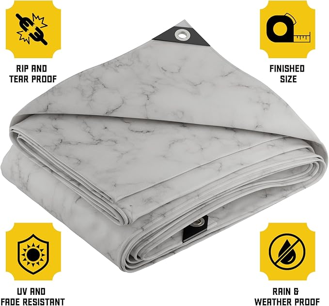 Core Tarps Extreme Heavy Duty 20 Mil Tarp Cover, Waterproof, UV Resistant, Rip and Tear Proof, Poly Tarpaulin with Reinforced Edges for Roof, Camping, Patio, Pool, Boat (Marble/White 20′ X 30′)