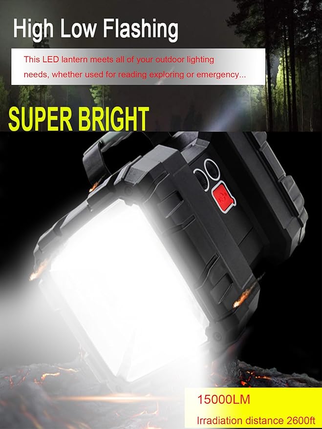 Rechargeable LED Searchlight Flashlight, LED Spotlight Big Power Capacity 15000LM 20h Ultra-Long Standby 7 Lights Modes Camping Work Light, Waterproof, for Home, Outdoor (55 LEDs)