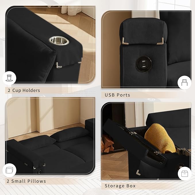 66" Multi-Functional Pull-Out Sofa Bed with Hidden Side Table, Storage Armrests, Built-in Charging Port, Spring Mattress, Solid Wood Frame – Ideal for Small Spaces, Easy Assembly