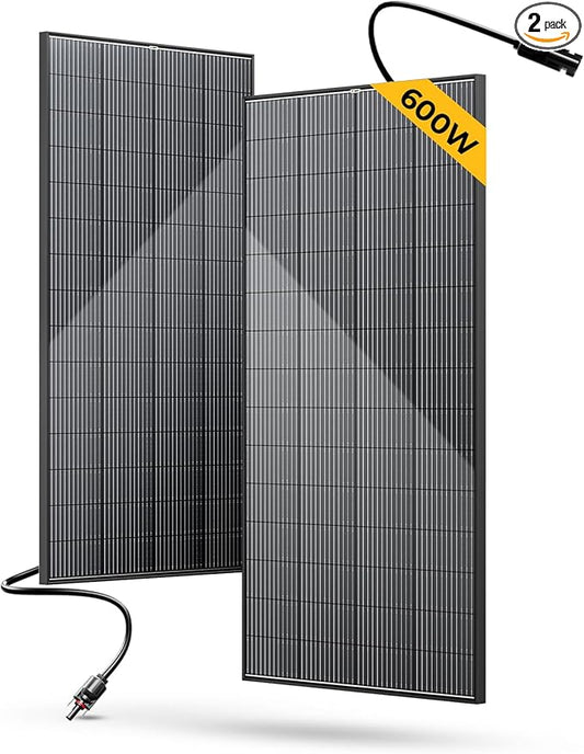 BougeRV Bifacial 600 Watts 12BB Solar Panel, 23% Efficiency All Black Design Monocrystalline Technology Work with 12 Volts Charger for RV Camping Home Boat Marine Off-Grid (BIFACIAL 2PCS 300W)