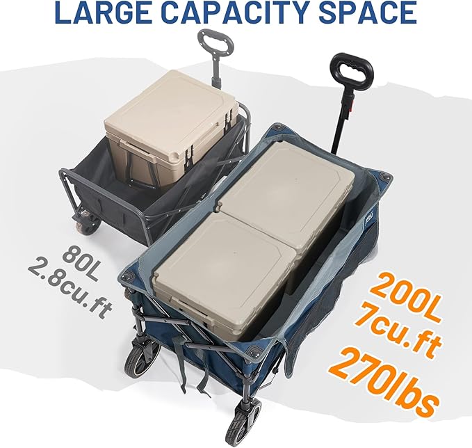 TIMBER RIDGE Collapsible Wagon Cart with Brakes, 200L Large Capacity Compact Portable Easy to Carry Folding Wagon, Utility Grocery Cart for Camping, Gardening, Shopping