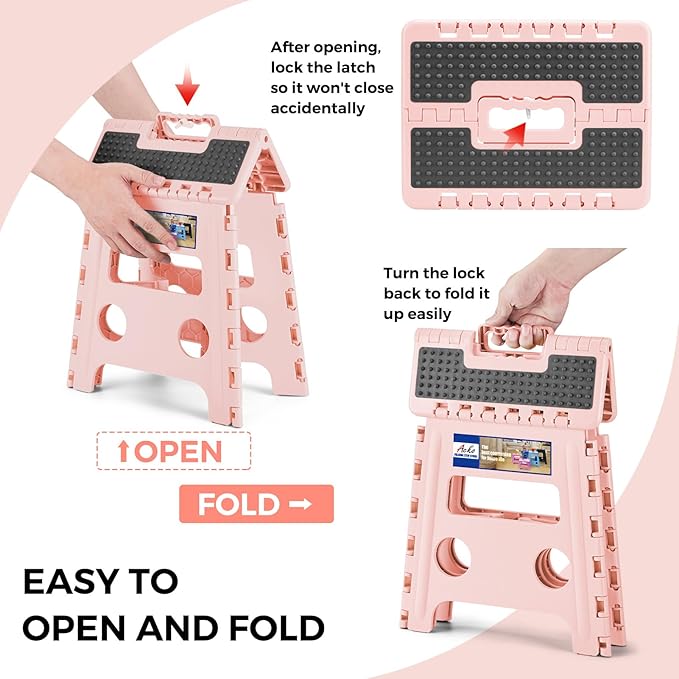 ACKO Folding Step Stool 13 inch Height Premium Heavy Duty Foldable Step Stools for Adults and Kids, Kitchen Plastic Small Collapsible Stepping Stool Hold Up to 300 LB Dot Pink (1 Pack)