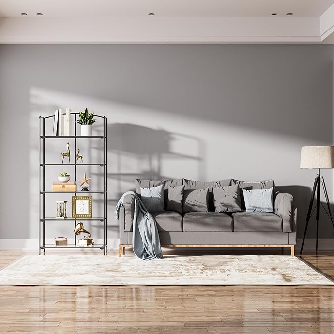 Crofy No Assembly Folding Bookshelf for Living Room, 5 Tier Black Collapsible Book Shelf for Home Office, Portable Bookcase Storage Organizer