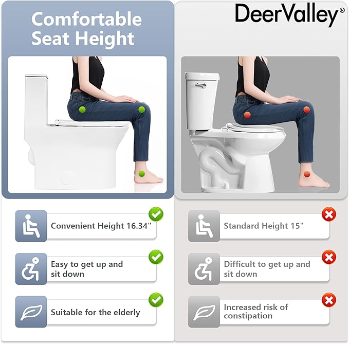 DeerValley Compact One Piece Toilet with Comfortable Seat Height, Modern Standard Toilet for Bathroom, Dual Flush 0.8/1.28 GPF and MAP 900g, 12'' Rough-In Skirted Toilet, DV-1F0250