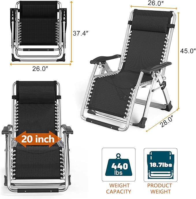 NAIZEA Padded Zero Gravity Chair, Folding Outdoor Lounge Chairs, Adjustable Reclining Camping Chairs with Cup Holder, Ergonomic Patio Lawn Chair for Balcony Beach Deck Yard