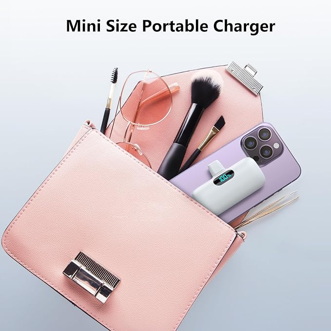 Mini Portable Charger USB C Power Bank, Upgraded 5000mAh PD Fast Charging Battery Pack Built-in USB-C Connector,LCD Display,Compatible with iPhone 15,15 Plus,15 Pro/Max,iPad Pro/Air Android Phone etc