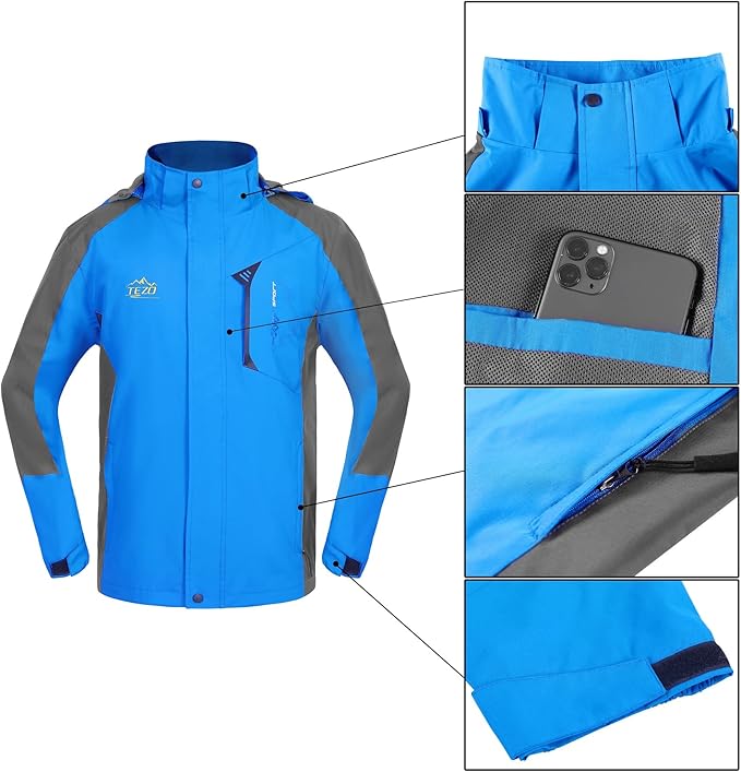 TEZO Mens Rain Jacket Waterproof with Hooded Hiking Coat Lightweight Windbreaker