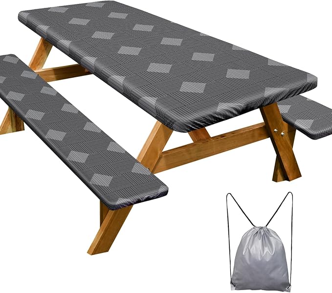 Picnic Table Cover with Bench Covers Camping Essentials Waterproof Windproof Camping Tablecloth with Drawstring Bag, Fitted Rectangle Tables and Seats, 72in, Grey Plaid
