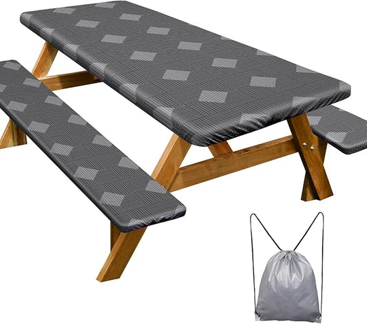 Picnic Table Cover with Bench Covers Camping Essentials Waterproof Windproof Camping Tablecloth with Drawstring Bag, Fitted Rectangle Tables and Seats, 72in, Grey Plaid