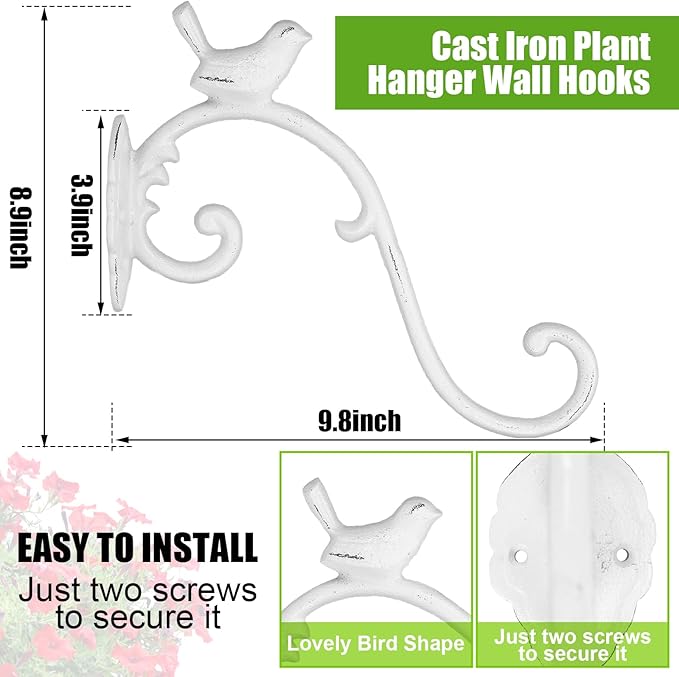 Moxweyeni 2 Pcs Cast Iron Plant Hangers Outdoor 10" Heavy Duty Hanging Basket Brackets Lovely Bird Shape Decorative Wall Hangers for Flower Pots Bird Feeder Wind Chime Lantern(White)