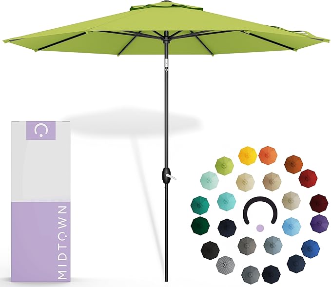 Midtown Umbrellas Sunbrella Umbrella 10 Feet Large Outdoor Umbrella With Sunbrella Macaw Acrylic Fabric - Auto-Tilt Aluminum Frame Large Patio Umbrella For Backyard, Deck, Garden, Pool - Black Pole