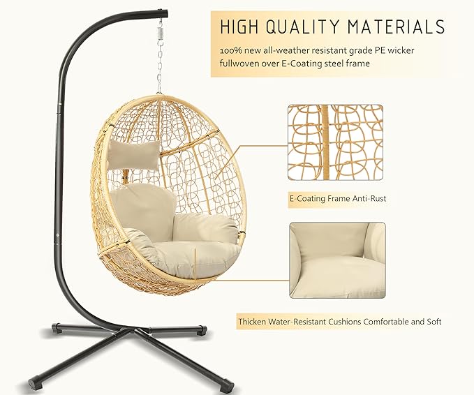 DoubleTT Indoor/Outdoor Wicker Swing Egg Chair Hammock Hanging Chair Nest Basket with Stand, UV Resistant Removable & Washable Cushions,350LBS Capacity for Bedroom, Balcony, Garden (Yellow and Beige)