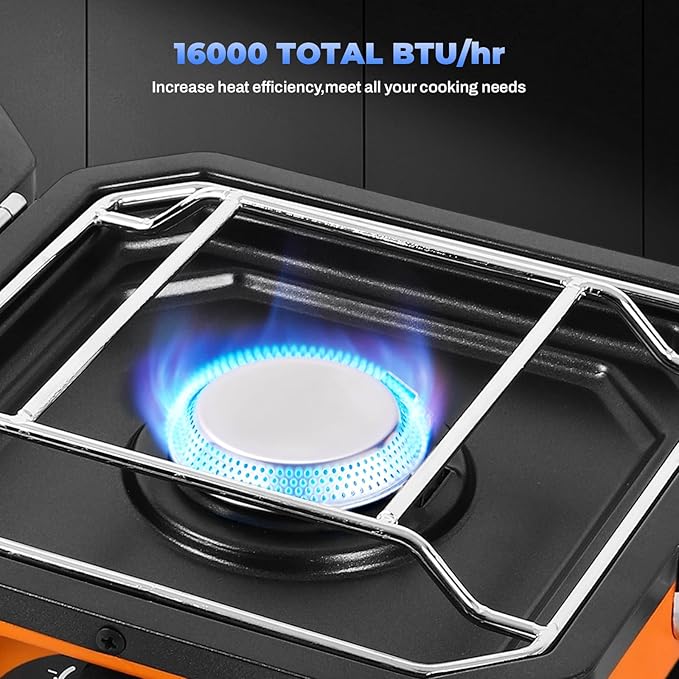Adjustable 2-Burner Portable Stove with 16000 BTU, with Camping Grill and Carrying Bag, Portable Propane Camp Stove with 2 Burners & Piezo Ignition for Camping, Backyard BBQ,Tailgating (Orange)