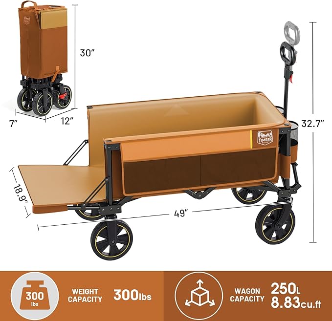 Timber Ridge 49" Extra Long Collapsible Folding Wagon with Tailgate and Brakes, 300lbs Heavy Duty Foldable Wagon with Adjustable Handle, 250L Capacity Portable Cart for Outdoor Camping Sports, Orange