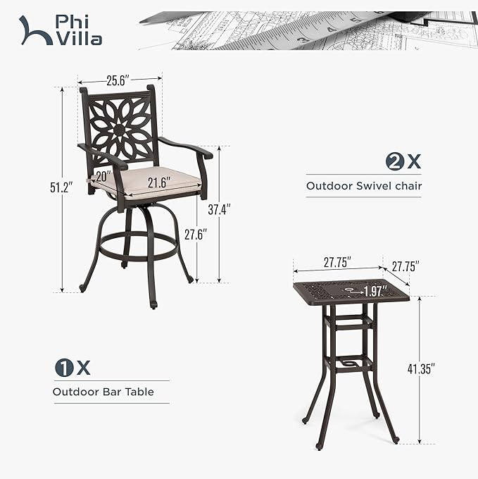 PHI VILLA Cast Aluminum Patio Bar Set with 2 Outdoor Swivel Bar Stools & 42" Pub Bar Height Table (1.96" Umbrella Hole), All Weather Furniture Bistro Table Chairs Set for Lawn, Garden