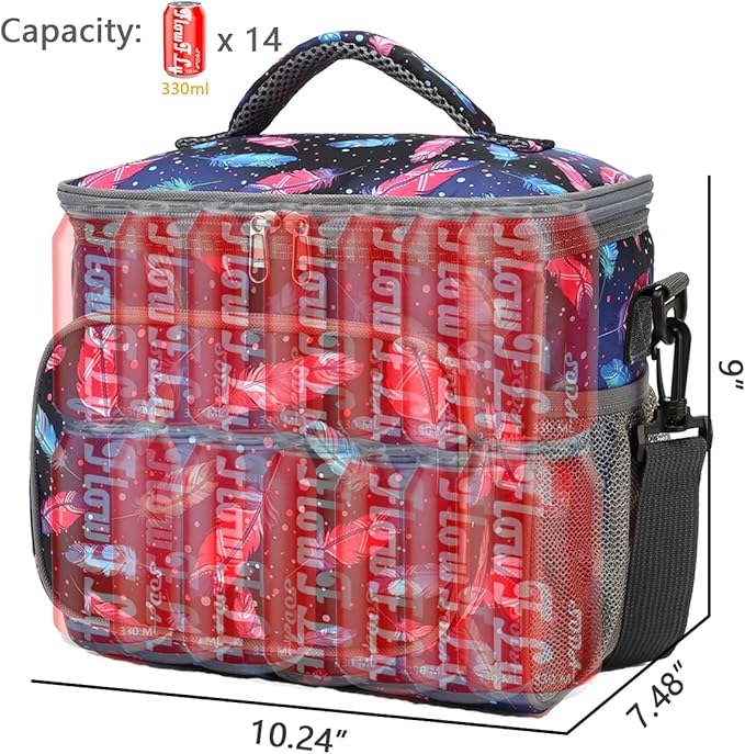 FlowFly Insulated Reusable Lunch Bag Adult Large Lunch Box for Women and Men with Adjustable Shoulder Strap,Front Zipper Pocket and Dual Large Mesh Side Pockets,Feather