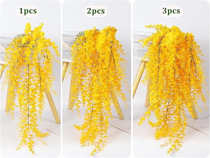 RECUTMS Aritificial Hanging Plant 3 Pack Fake Eucalyptus Leaves Faux Yellow Vine Plant Hanging for Indoor Home Room Wall Outdoor Garden Party Proch Wedding Backyard Arch Decoration(Pure Yellow)