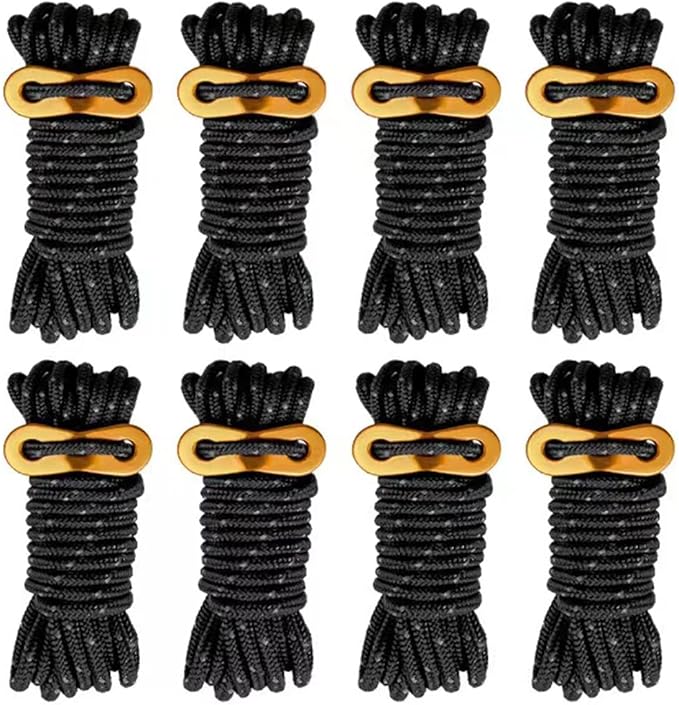 8 Pack 4mm Guy Lines Ultralight Tent Cords with Aluminum Adjuster Tensioner Outdoor Camping Guylines Ropes for Tent Tarp,Climbing,Hiking Backpacking (Black)