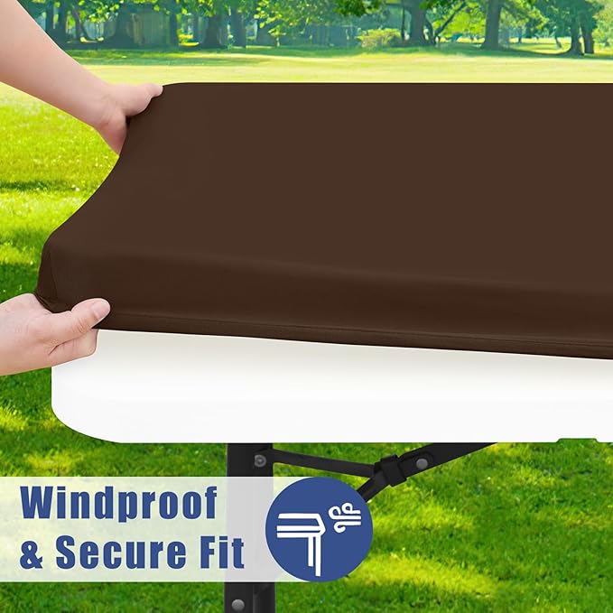 Spandex 8 Foot Rectangle Table Cloth 2 Pack, Elastic Fitted Tablecloths for Picnic, Stretch Washable Patio Table Cover for Outdoor, Camping, Banquet and Parties (Coffee, 30"x96")