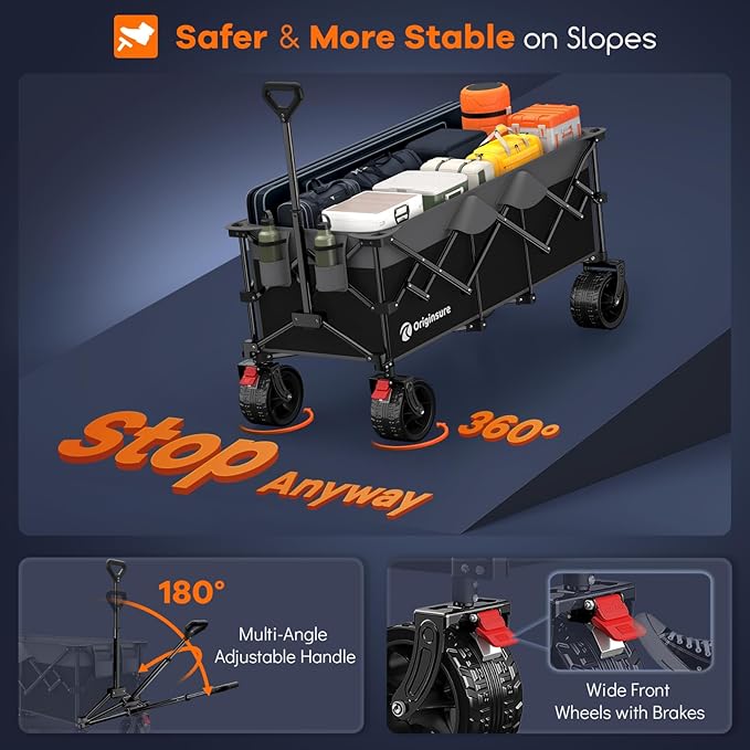 48" L Collapsible Wagon Cart Foldable, 560LB Weight Capacity 300L Heavy Duty Folding Beach Wagons with Big All-Terrain Wheels, Utility Carts for Groceries, Shopping, Camping, Sports - Grey&Black