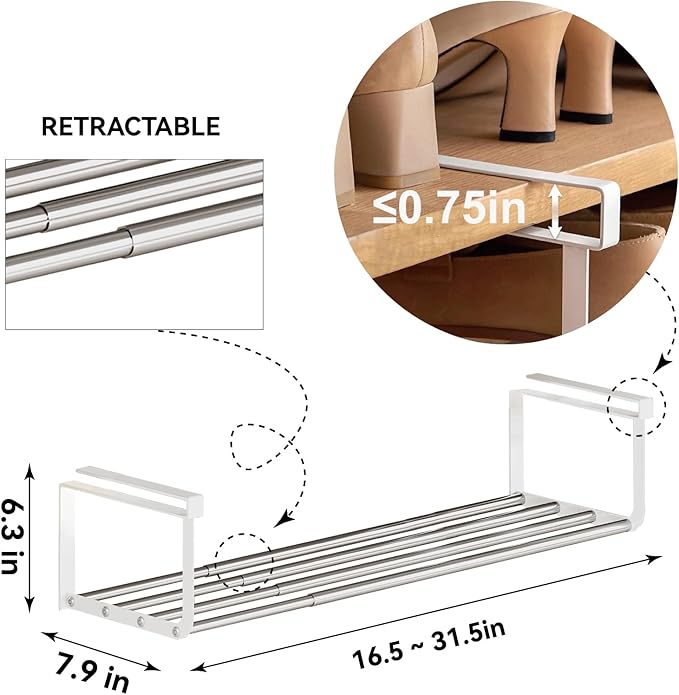 Expandable Shoe Rack Organizer - Adjustable Shoe Rack & Under Cabinet Shelf - for Shoe or Clothing Storage and Organization, Under Shelf Storage (Stainless,2Pcs)