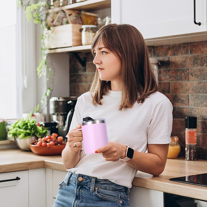 Volhoply 12oz Insulated Leakproof Coffee Mug with Flip & Straw Lid Bulk 2 Pack,Double Wall Vacuum Stainless Steel Travel Tumbler Cup with Handle,Reusable Camping Mugs Keep Cold/Hot(Purple,2 Set)