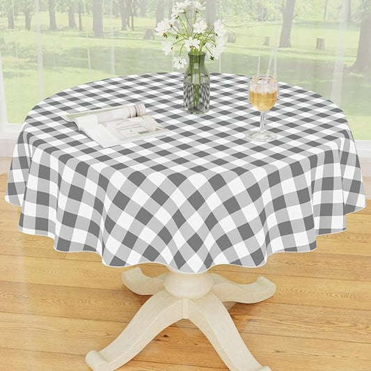 Smiry Round Plastic Table Cloth, Waterproof Vinyl Tablecloth with Flannel Backing, Wipeable Buffalo Plaid Table Cover for Dining, Indoor and Outdoor (Grey & White, 60" Round)