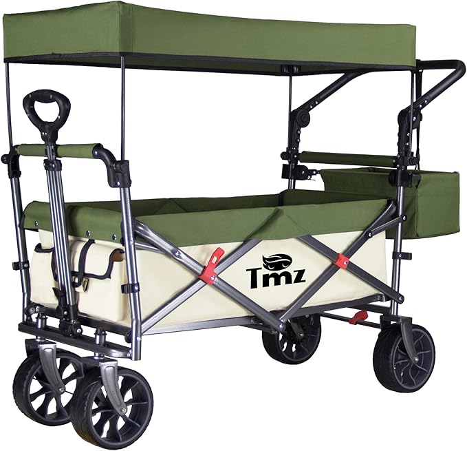 TMZ Collapsible Folding Outdoor Utility Wagon with Removable Canopy - 265lbs Heavy Duty Trolley with Rubber Wheels, Adjustable Handles, Rear Basket, for Shopping, Picnic, Camping (Beige/Green)