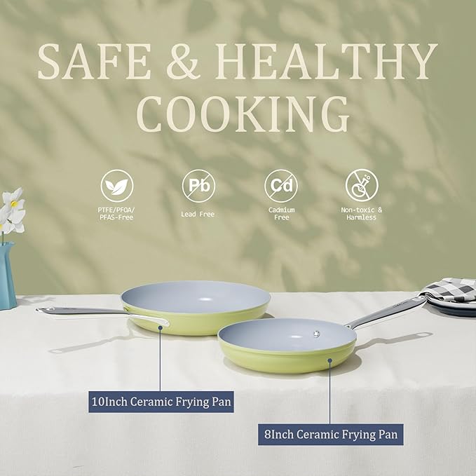 Nonstick Ceramic Frying Pan 8 Inch for Induction Cooktop - Non Toxic, PTFE/PFOA/PFAS Free, Oven & Dishwasher Safe up to 500°F - Non Stick Egg Skillet with Stay-Cool Handle - Avocado Green